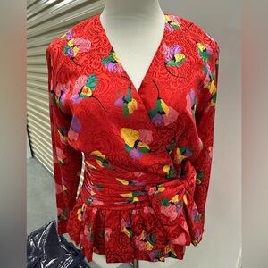 Vintage 80’s Silk Red Floral Wrap Blouse by Yves Cossette